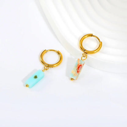 Natural Stone Bar Dangle Huggie Hoop Earrings 2×10mm Hoop | 18K Gold Plated Stainless Steel | 5 Natural Gemstone Options | Wholesale MOQ 12