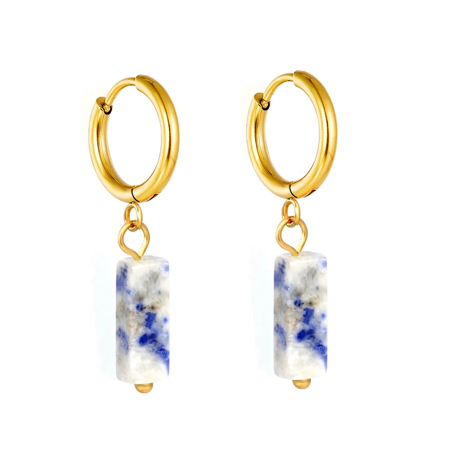 Natural Stone Bar Dangle Huggie Hoop Earrings 2×10mm Hoop | 18K Gold Plated Stainless Steel | 5 Natural Gemstone Options | Wholesale MOQ 12