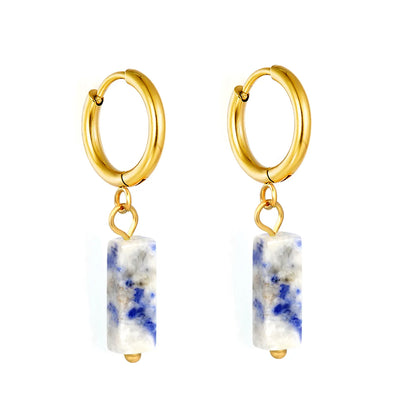 Natural Stone Bar Dangle Huggie Hoop Earrings 2×10mm Hoop | 18K Gold Plated Stainless Steel | 5 Natural Gemstone Options | Wholesale MOQ 12