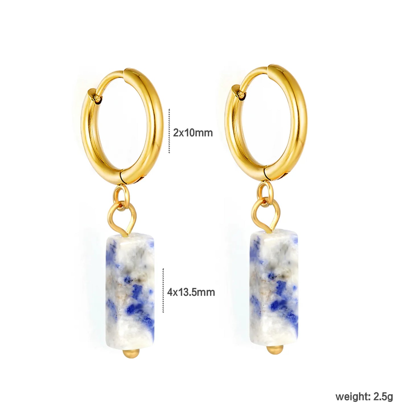 Natural Stone Bar Dangle Huggie Hoop Earrings 2×10mm Hoop | 18K Gold Plated Stainless Steel | 5 Natural Gemstone Options | Wholesale MOQ 12