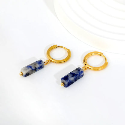 Natural Stone Bar Dangle Huggie Hoop Earrings 2×10mm Hoop | 18K Gold Plated Stainless Steel | 5 Natural Gemstone Options | Wholesale MOQ 12