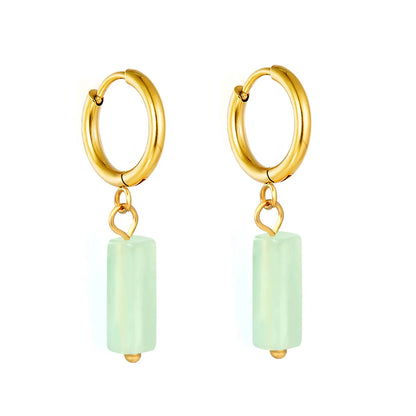 Natural Stone Bar Dangle Huggie Hoop Earrings 2×10mm Hoop | 18K Gold Plated Stainless Steel | 5 Natural Gemstone Options | Wholesale MOQ 12