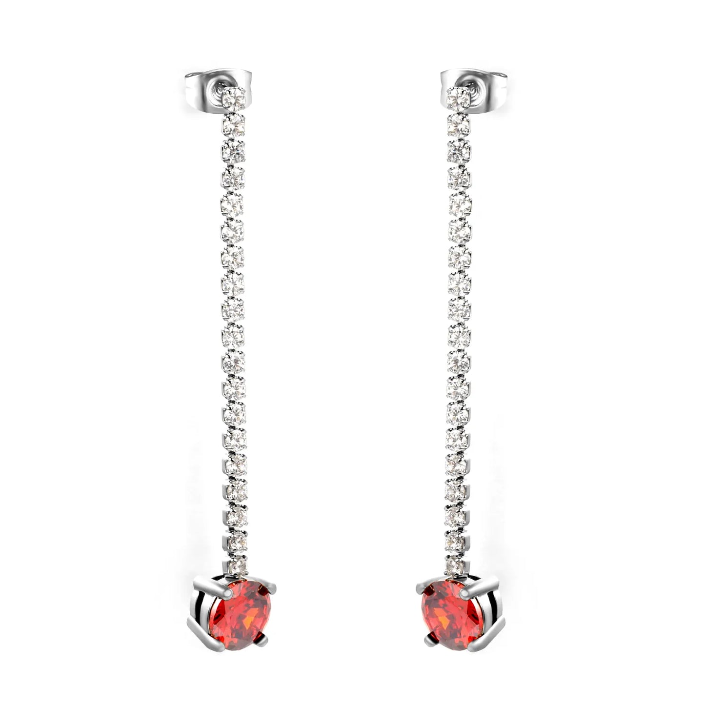 Long Tennis Chain Red CZ Drop Stud Earrings | Two Color Options | Linear Ruby-Tone Dangle Earrings | Wholesale MOQ 12