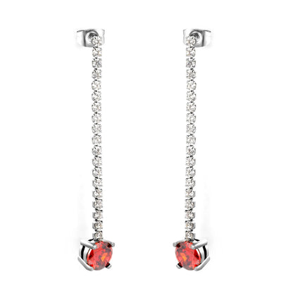 Long Tennis Chain Red CZ Drop Stud Earrings | Two Color Options | Linear Ruby-Tone Dangle Earrings | Wholesale MOQ 12
