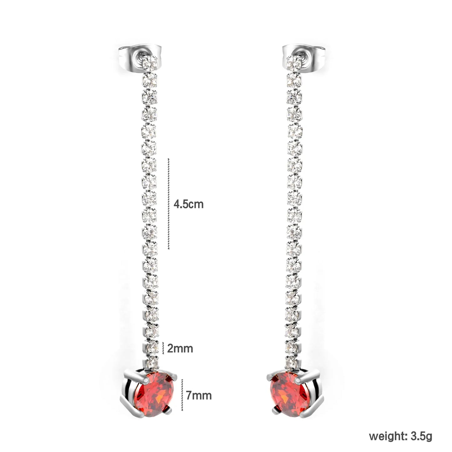 Long Tennis Chain Red CZ Drop Stud Earrings | Two Color Options | Linear Ruby-Tone Dangle Earrings | Wholesale MOQ 12