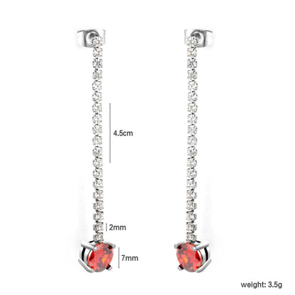 Long Tennis Chain Red CZ Drop Stud Earrings | Two Color Options | Linear Ruby-Tone Dangle Earrings | Wholesale MOQ 12