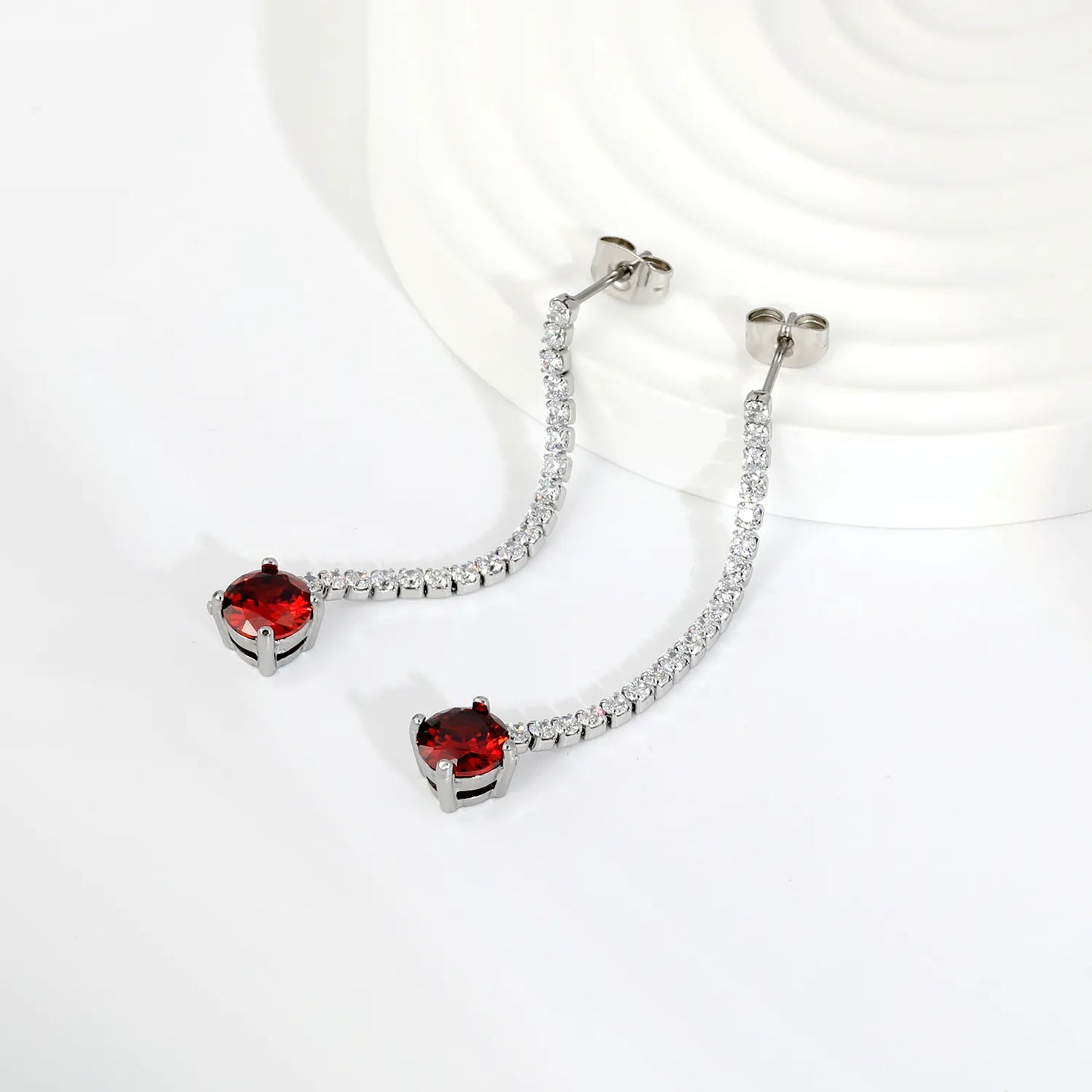 Long Tennis Chain Red CZ Drop Stud Earrings | Two Color Options | Linear Ruby-Tone Dangle Earrings | Wholesale MOQ 12