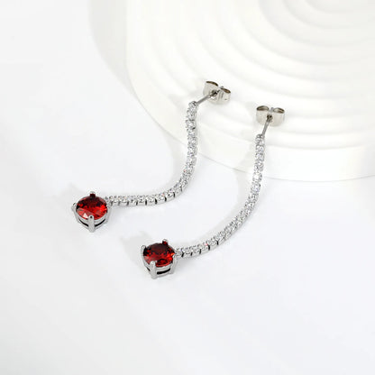 Long Tennis Chain Red CZ Drop Stud Earrings | Two Color Options | Linear Ruby-Tone Dangle Earrings | Wholesale MOQ 12
