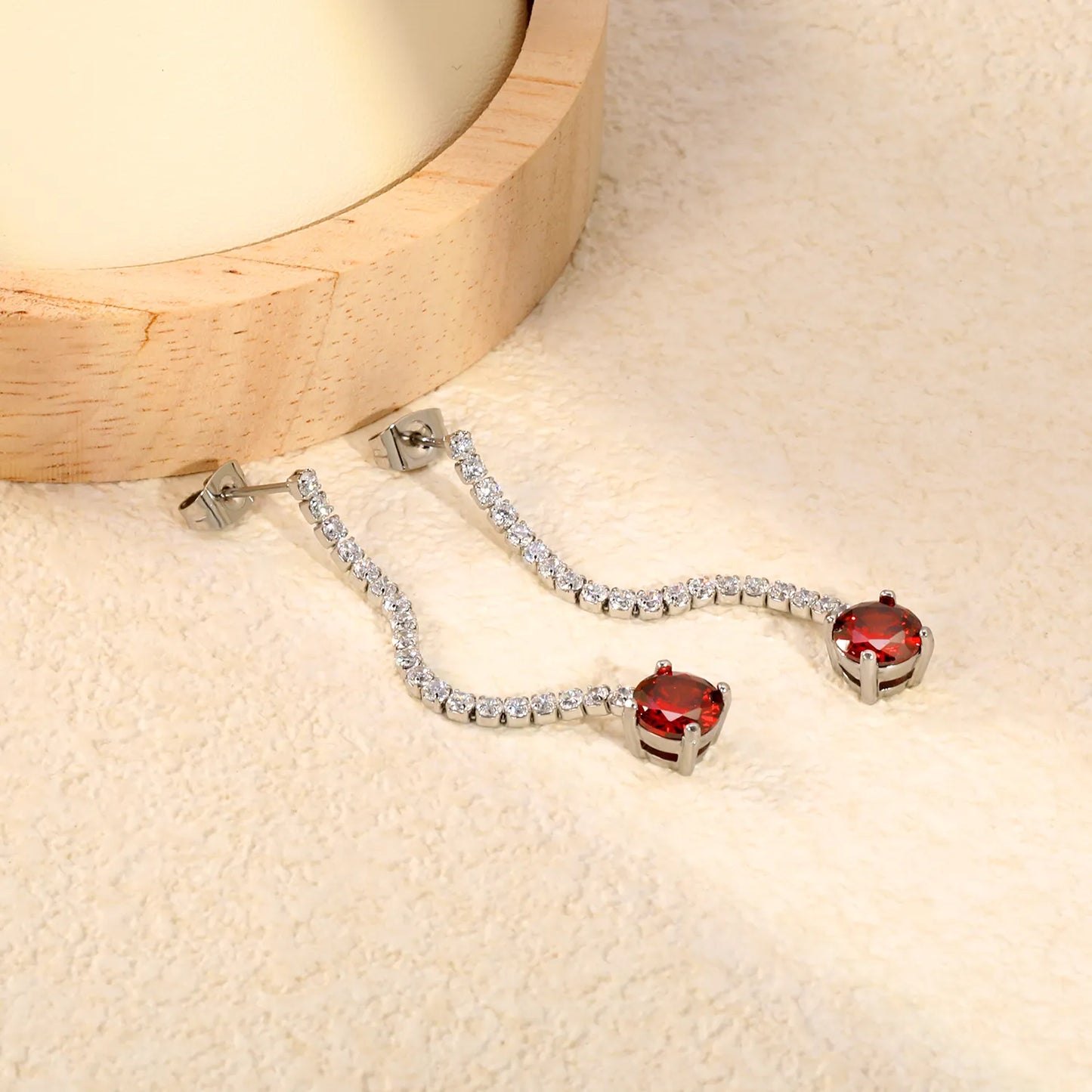 Long Tennis Chain Red CZ Drop Stud Earrings | Two Color Options | Linear Ruby-Tone Dangle Earrings | Wholesale MOQ 12