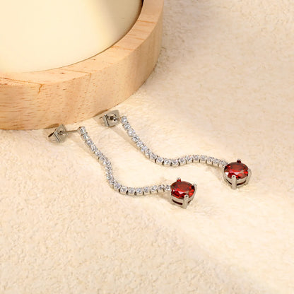 Long Tennis Chain Red CZ Drop Stud Earrings | Two Color Options | Linear Ruby-Tone Dangle Earrings | Wholesale MOQ 12