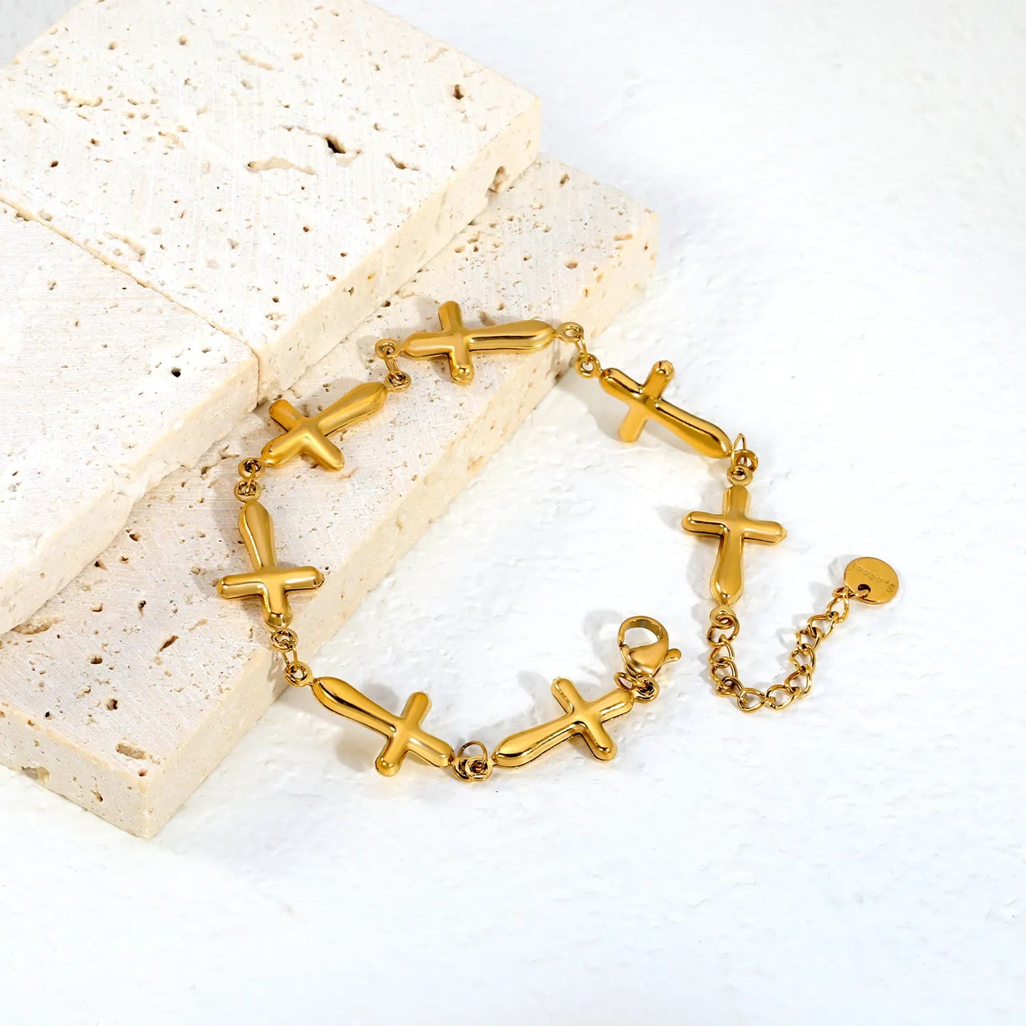 Puffy Solid Cross Charm Link Bracelet | Adjustable 18+3cm 18K Gold Plated Stainless Steel| Wholesale MOQ 12