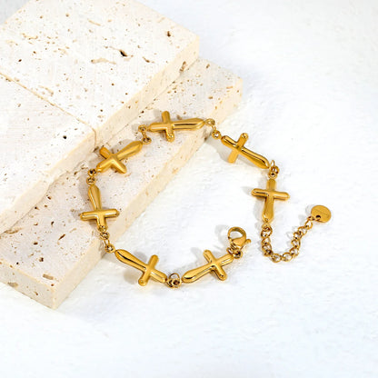 Puffy Solid Cross Charm Link Bracelet | Adjustable 18+3cm 18K Gold Plated Stainless Steel| Wholesale MOQ 12