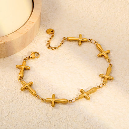 Puffy Solid Cross Charm Link Bracelet | Adjustable 18+3cm 18K Gold Plated Stainless Steel| Wholesale MOQ 12