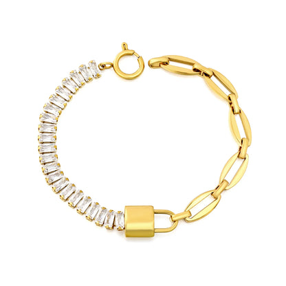 Two-Tone Hybrid Baguette CZ & Oval Link Padlock Bracelet | 18K Gold Plated Stainless Steel Toggle Clasp Bracelet | Wholesale MOQ 12