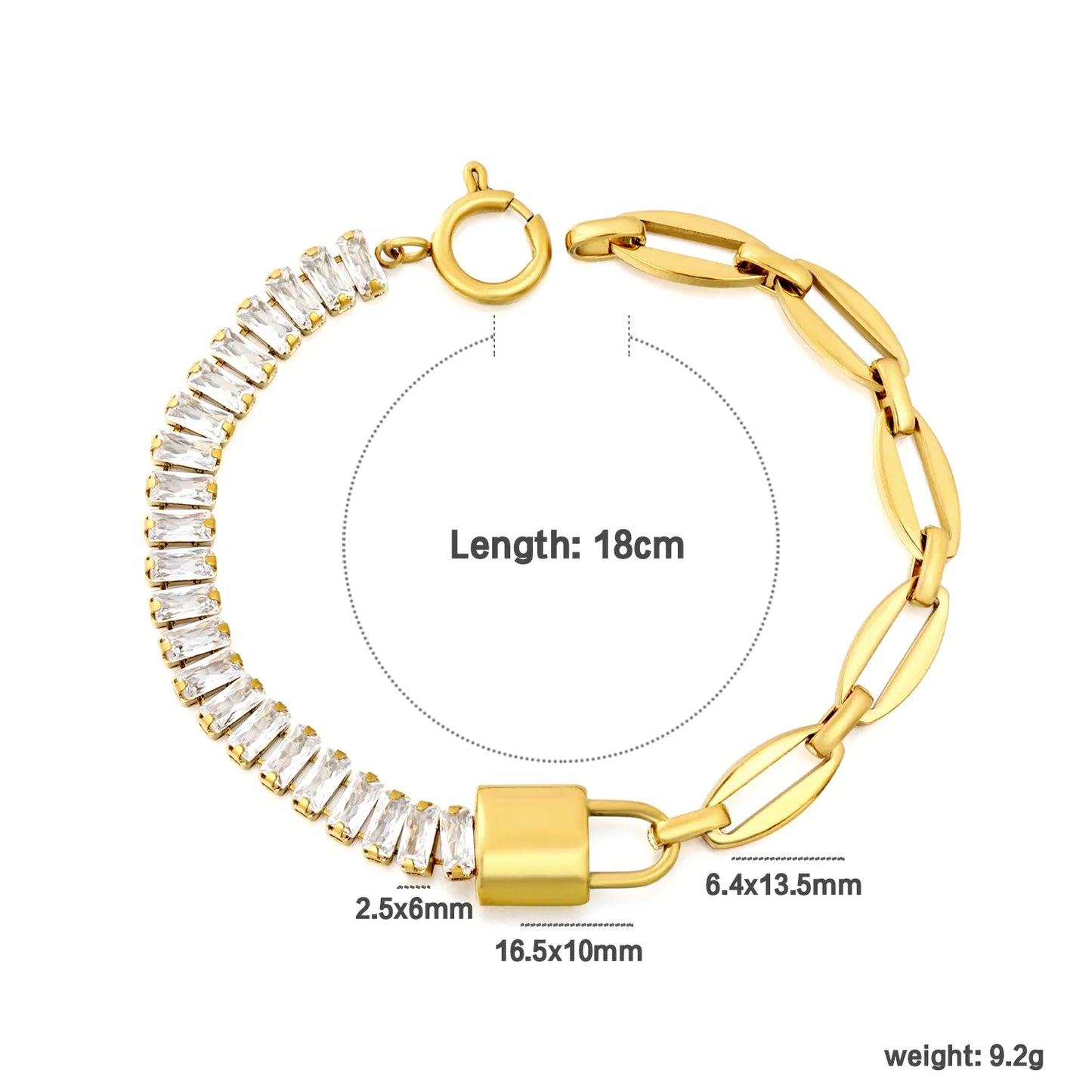 Two-Tone Hybrid Baguette CZ & Oval Link Padlock Bracelet | 18K Gold Plated Stainless Steel Toggle Clasp Bracelet | Wholesale MOQ 12