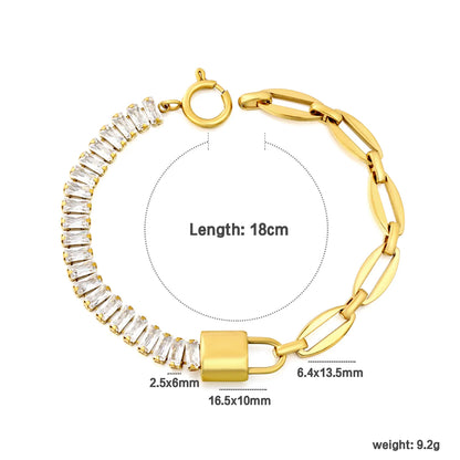 Two-Tone Hybrid Baguette CZ & Oval Link Padlock Bracelet | 18K Gold Plated Stainless Steel Toggle Clasp Bracelet | Wholesale MOQ 12