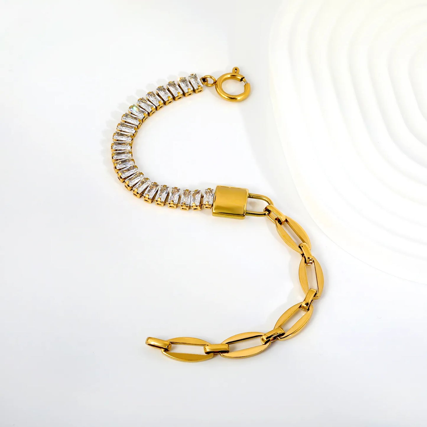 Two-Tone Hybrid Baguette CZ & Oval Link Padlock Bracelet | 18K Gold Plated Stainless Steel Toggle Clasp Bracelet | Wholesale MOQ 12