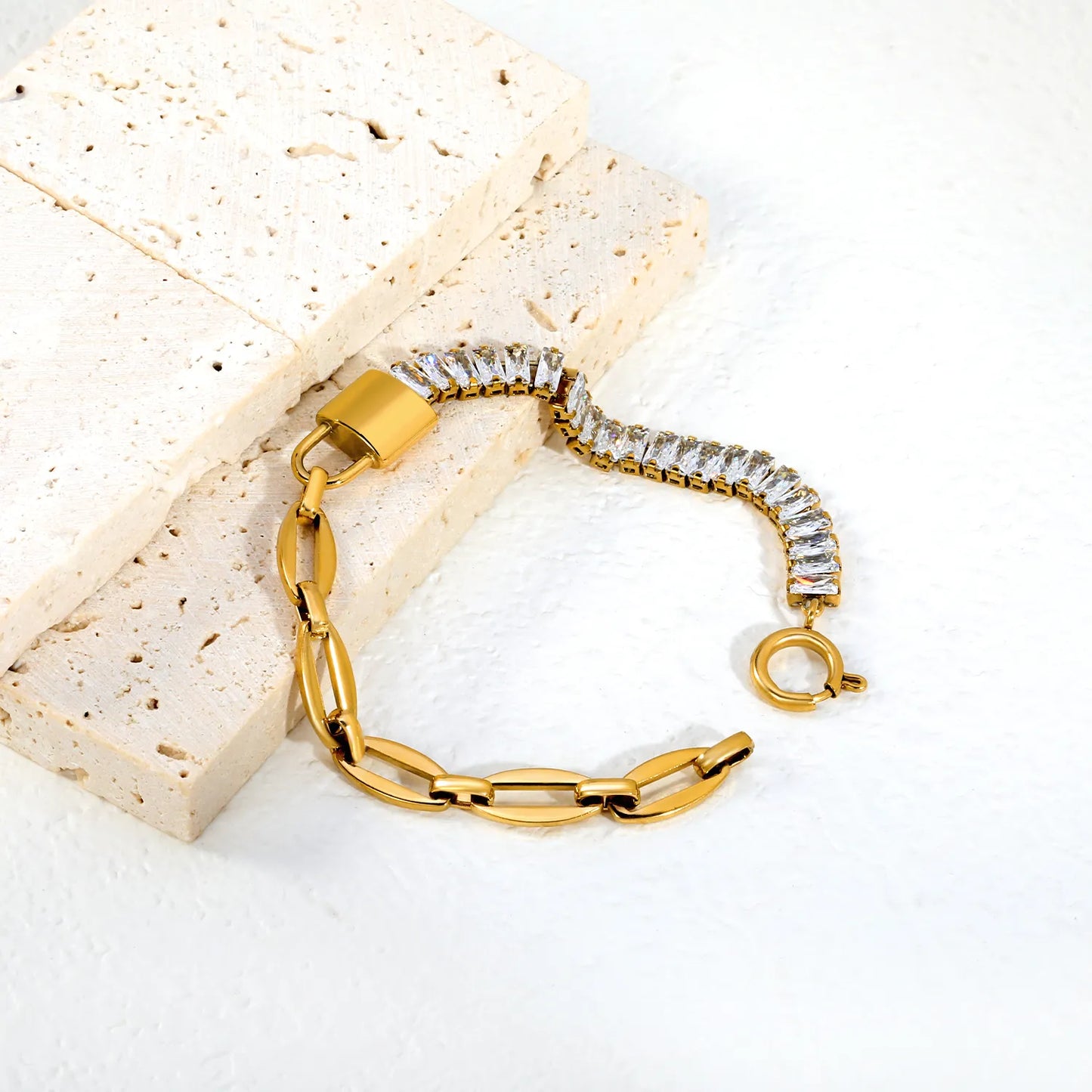 Two-Tone Hybrid Baguette CZ & Oval Link Padlock Bracelet | 18K Gold Plated Stainless Steel Toggle Clasp Bracelet | Wholesale MOQ 12