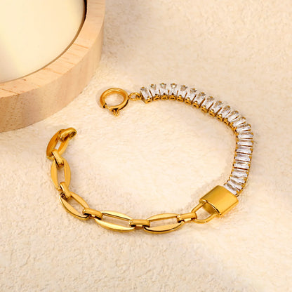 Two-Tone Hybrid Baguette CZ & Oval Link Padlock Bracelet | 18K Gold Plated Stainless Steel Toggle Clasp Bracelet | Wholesale MOQ 12