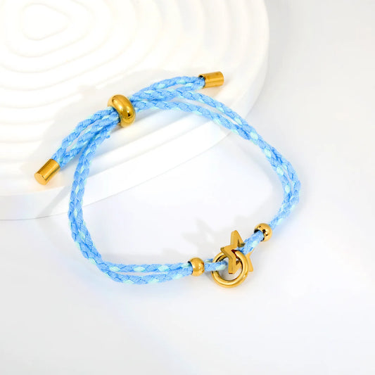 2 Styles Adjustable Braided Rope Charm Bracelets | Length 23cm | 18K Gold Plated Stainless Steel Star & Interlocking Heart Pull Cord Bracelet | Wholesale MOQ 12