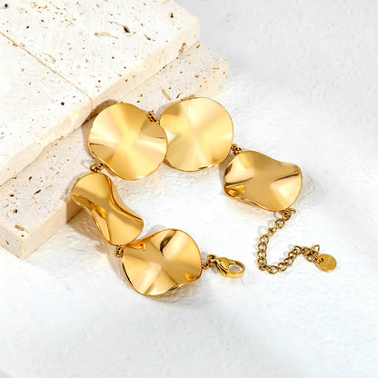 Irregular Concave Disc Link Bracelet | 18K Gold & Two-Tone Stainless Steel Textured Plate | Wholesale MOQ 12
