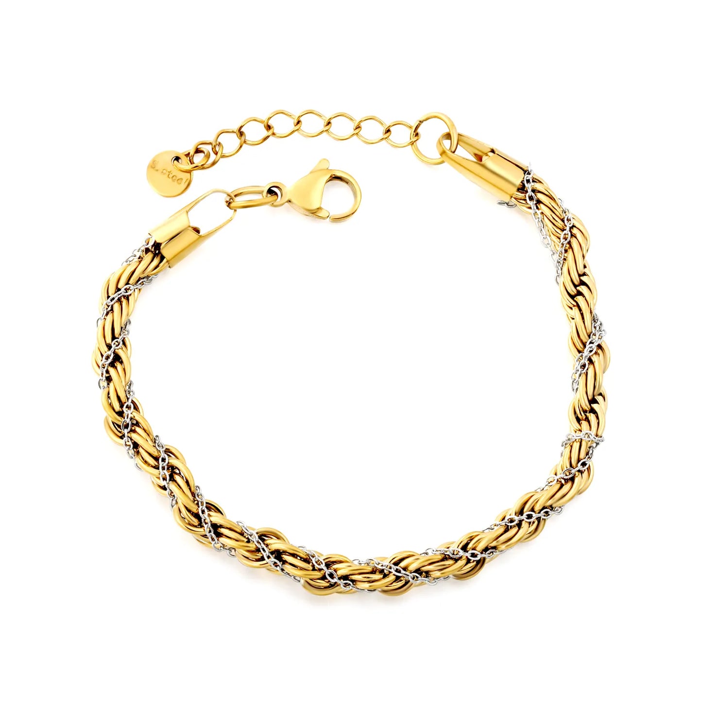 Two-Tone Silver Inlaid Twisted Rope Chain Bracelet | Adjustable 18+3cm Braided Link Bracelet | Wholesale MOQ 12