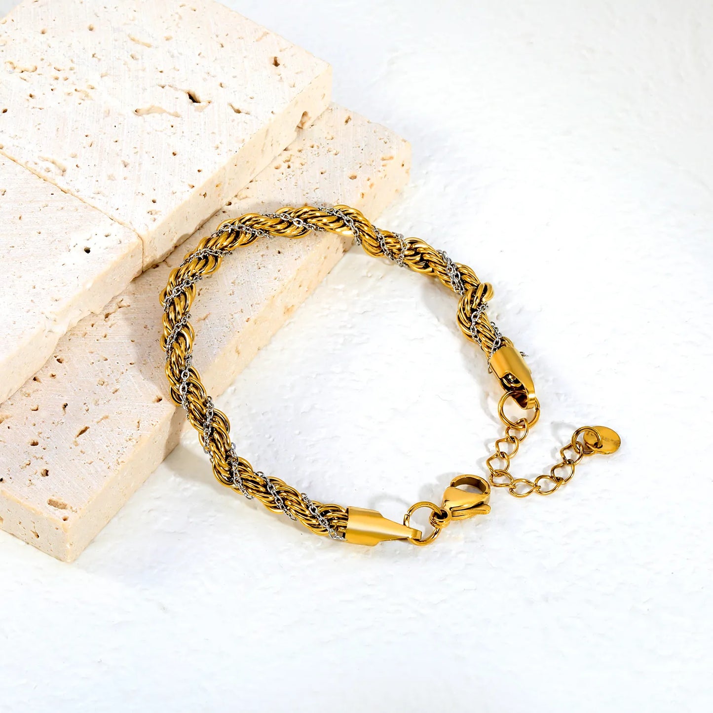 Two-Tone Silver Inlaid Twisted Rope Chain Bracelet | Adjustable 18+3cm Braided Link Bracelet | Wholesale MOQ 12