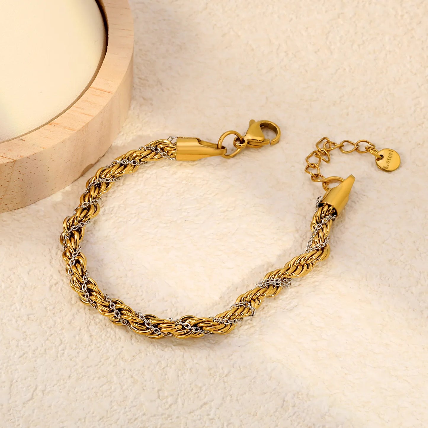 Two-Tone Silver Inlaid Twisted Rope Chain Bracelet | Adjustable 18+3cm Braided Link Bracelet | Wholesale MOQ 12