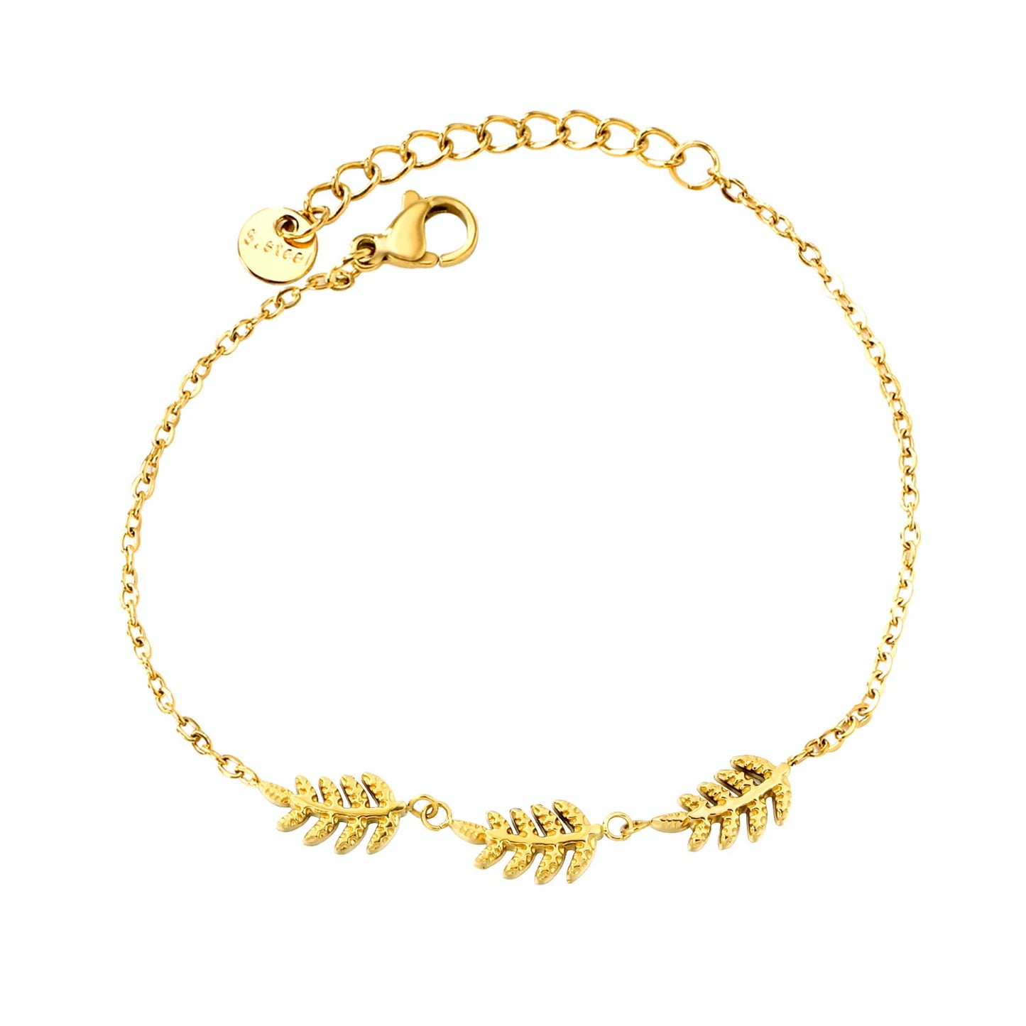 Textured Fern Leaf Dainty Cable Chain Bracelet | Adjustable 17+3cm | 18K Gold Plated Stainless Steel | Wholesale MOQ 12
