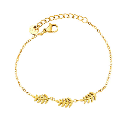 Textured Fern Leaf Dainty Cable Chain Bracelet | Adjustable 17+3cm | 18K Gold Plated Stainless Steel | Wholesale MOQ 12