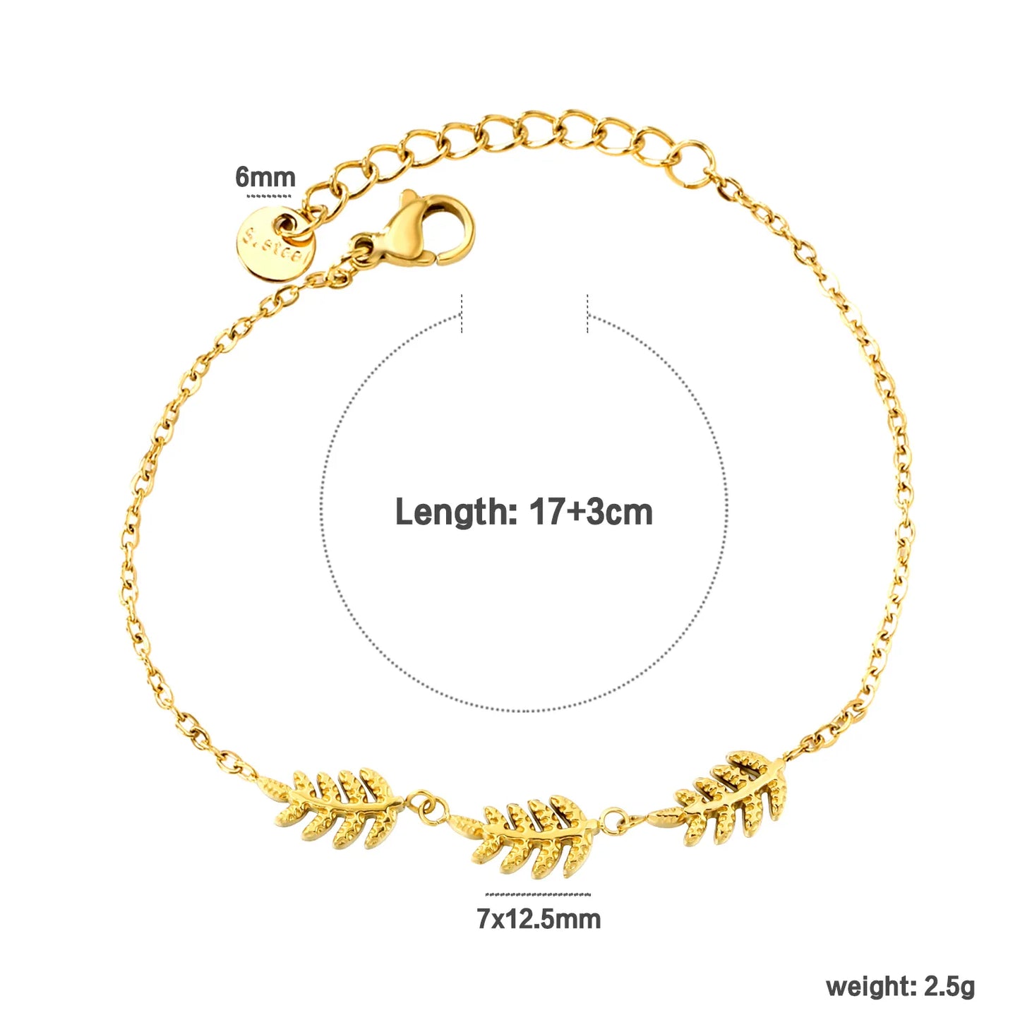 Textured Fern Leaf Dainty Cable Chain Bracelet | Adjustable 17+3cm | 18K Gold Plated Stainless Steel | Wholesale MOQ 12