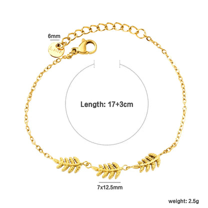 Textured Fern Leaf Dainty Cable Chain Bracelet | Adjustable 17+3cm | 18K Gold Plated Stainless Steel | Wholesale MOQ 12