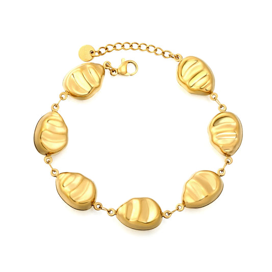 Adjustable 18K Gold Plated Stainless Steel Ribbed Irregular Oval Bead Link Bracelet | Wholesale MOQ 12