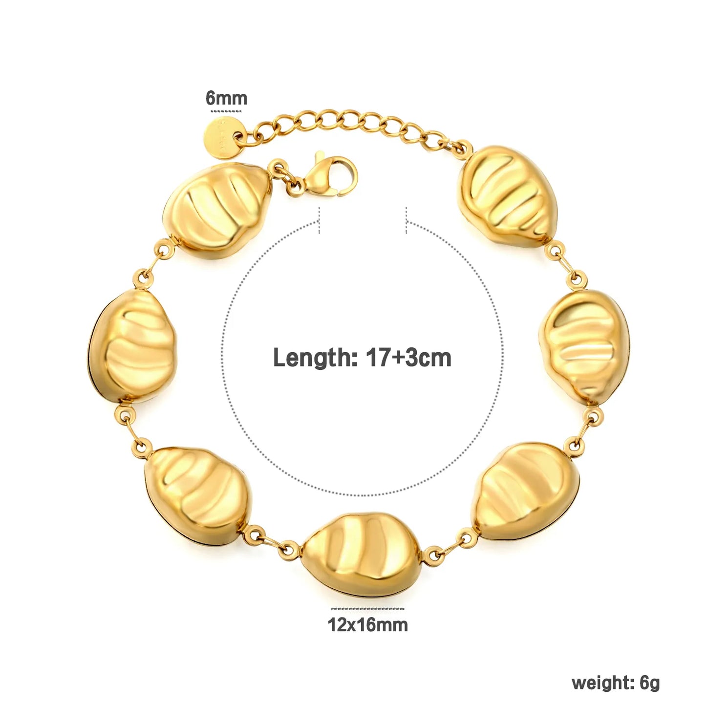 Adjustable 18K Gold Plated Stainless Steel Ribbed Irregular Oval Bead Link Bracelet | Wholesale MOQ 12
