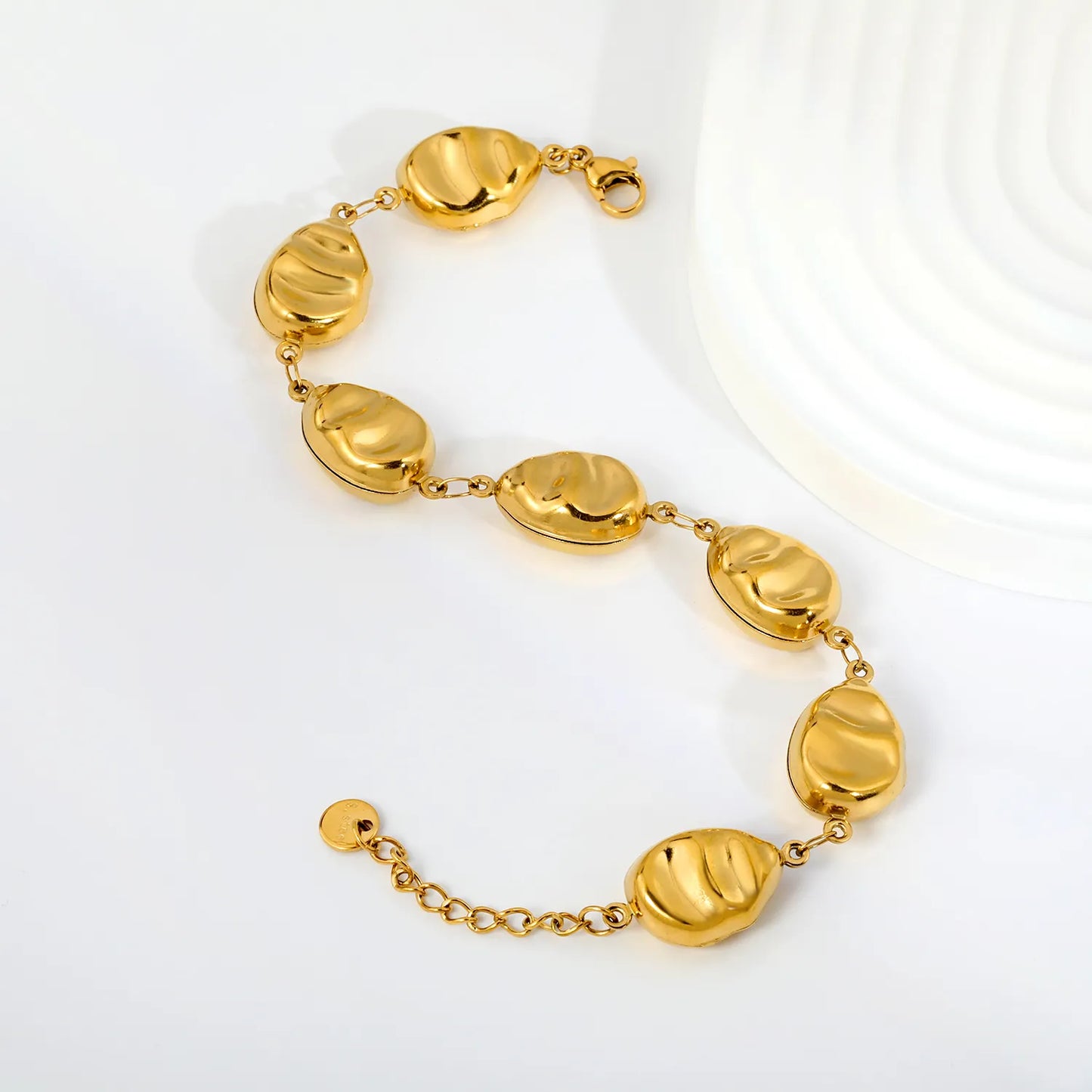 Adjustable 18K Gold Plated Stainless Steel Ribbed Irregular Oval Bead Link Bracelet | Wholesale MOQ 12