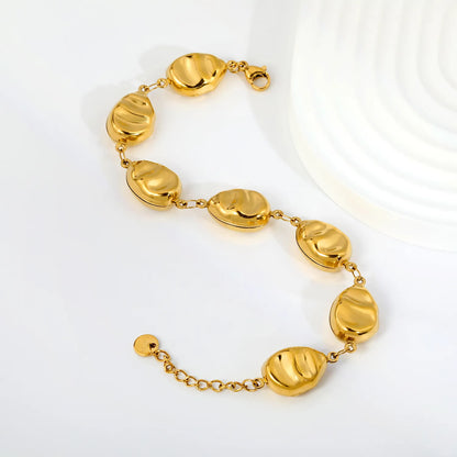 Adjustable 18K Gold Plated Stainless Steel Ribbed Irregular Oval Bead Link Bracelet | Wholesale MOQ 12