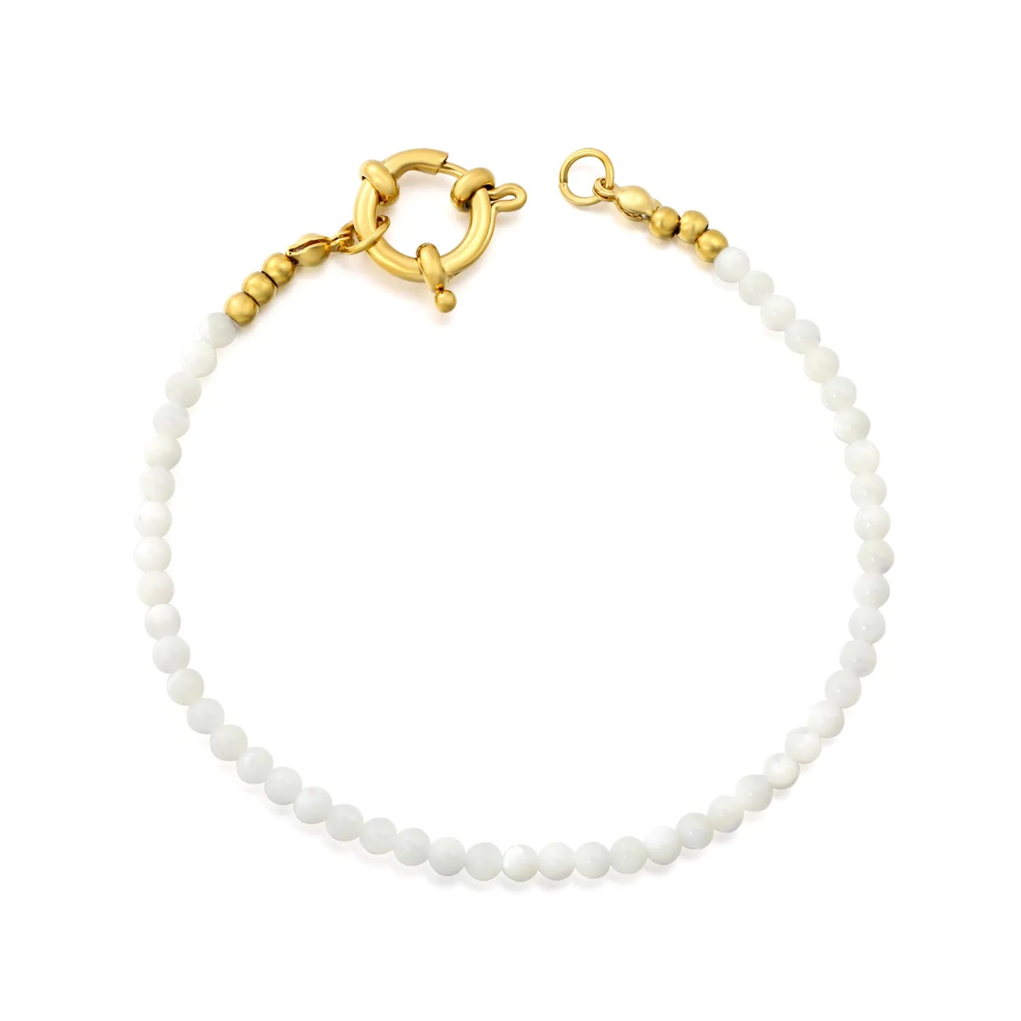 3mm White Natural Stone Beaded Spring Clasp Bracelet | 18K Gold Plated Stainless Steel | Wholesale MOQ 12