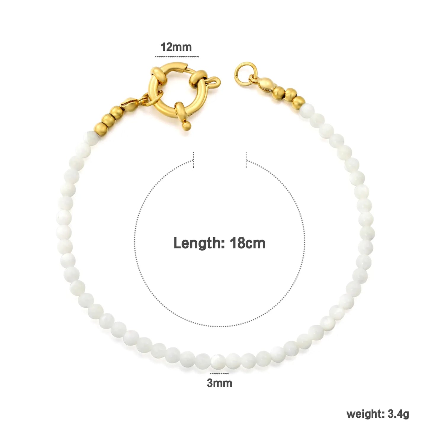 3mm White Natural Stone Beaded Spring Clasp Bracelet | 18K Gold Plated Stainless Steel | Wholesale MOQ 12