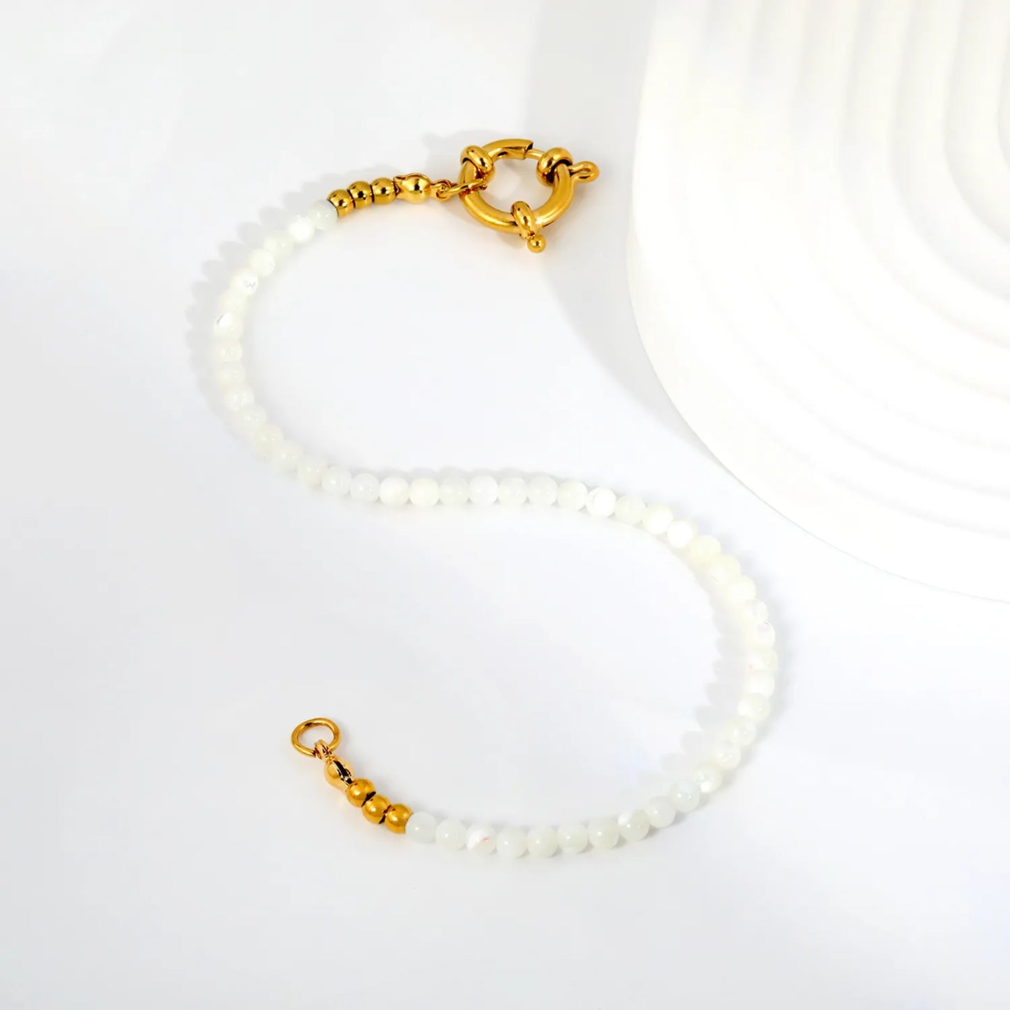 3mm White Natural Stone Beaded Spring Clasp Bracelet | 18K Gold Plated Stainless Steel | Wholesale MOQ 12