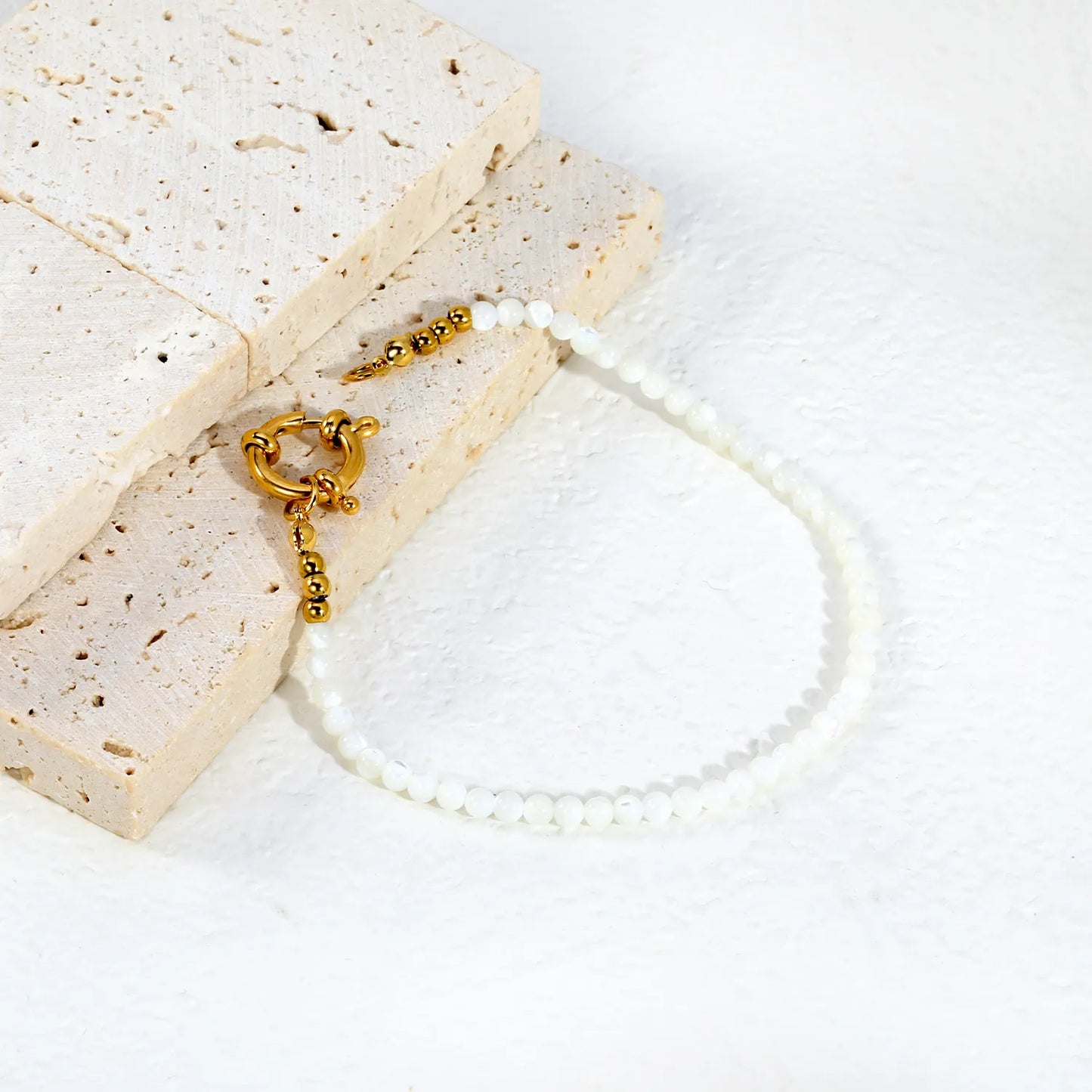 3mm White Natural Stone Beaded Spring Clasp Bracelet | 18K Gold Plated Stainless Steel | Wholesale MOQ 12