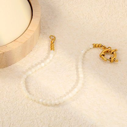 3mm White Natural Stone Beaded Spring Clasp Bracelet | 18K Gold Plated Stainless Steel | Wholesale MOQ 12