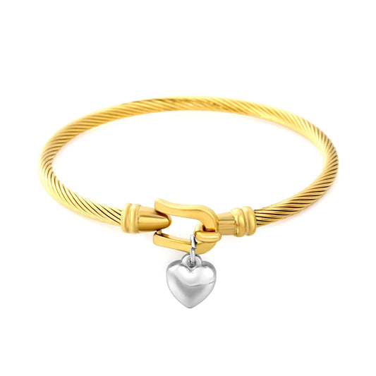Two-Tone Twisted Cable Wire Bangle with Puffy Heart Charm | 18K Gold Plated Stainless Steel Horseshoe Buckle Cuff Bracelet | Wholesale MOQ 12
