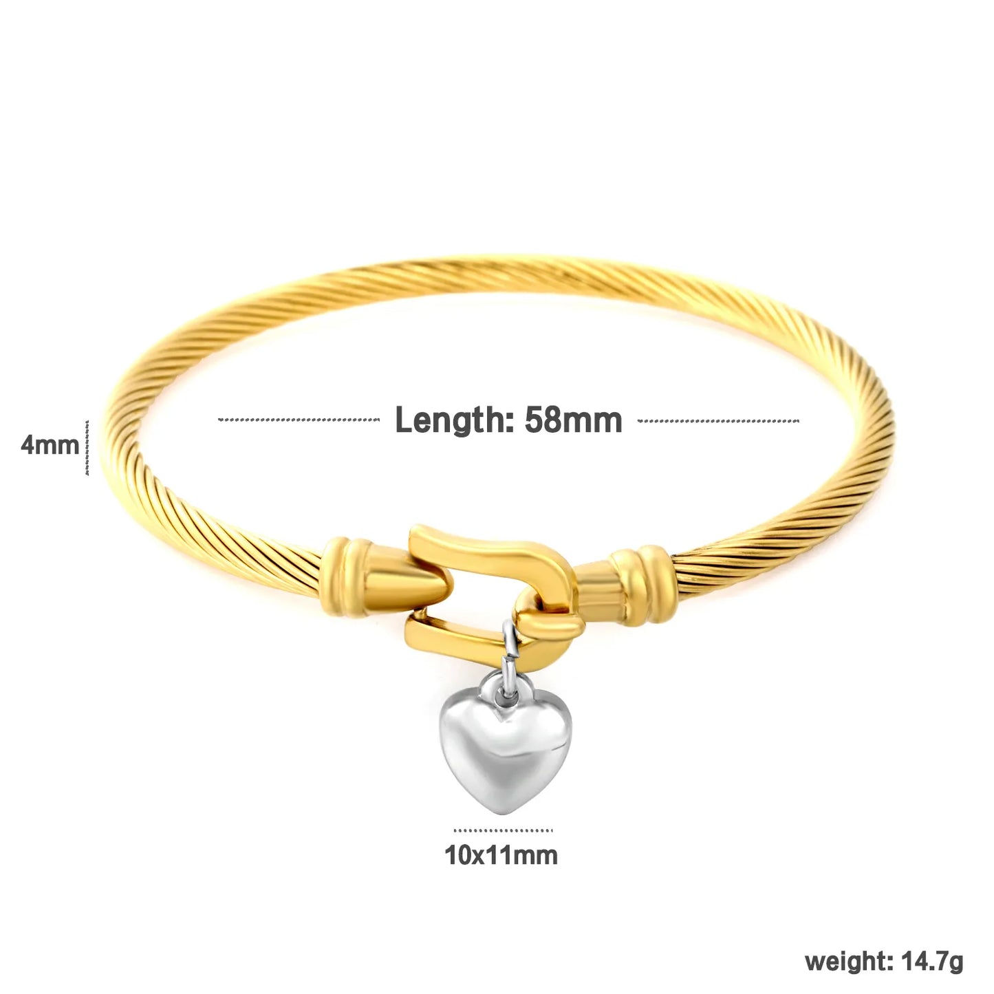 Two-Tone Twisted Cable Wire Bangle with Puffy Heart Charm | 18K Gold Plated Stainless Steel Horseshoe Buckle Cuff Bracelet | Wholesale MOQ 12
