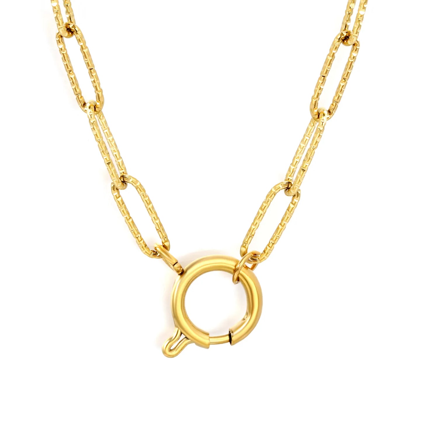 Hammered Textured Paperclip Chain Spring Ring Clasp Necklace | 18K Gold Plated Stainless Steel | Wholesale MOQ 12