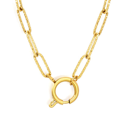 Hammered Textured Paperclip Chain Spring Ring Clasp Necklace | 18K Gold Plated Stainless Steel | Wholesale MOQ 12