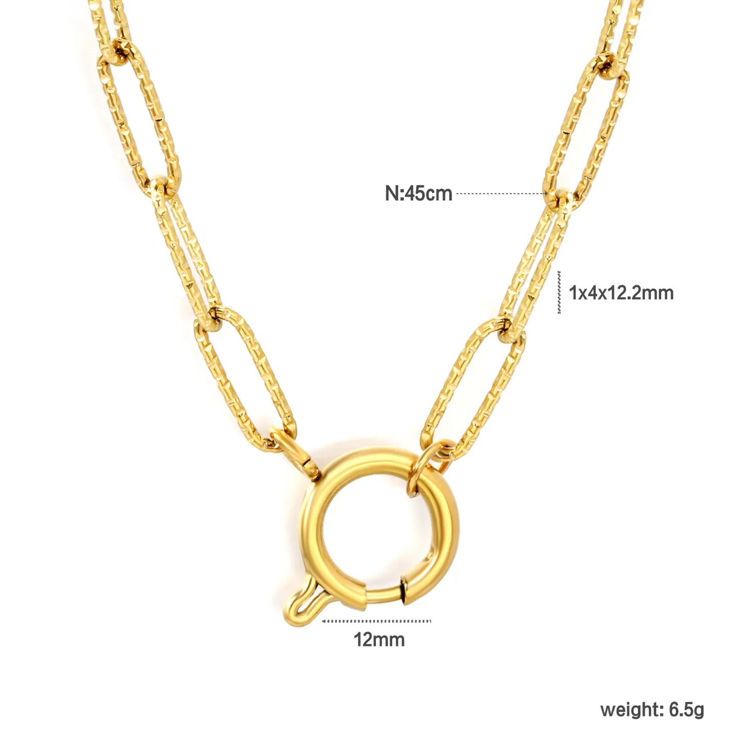Hammered Textured Paperclip Chain Spring Ring Clasp Necklace | 18K Gold Plated Stainless Steel | Wholesale MOQ 12
