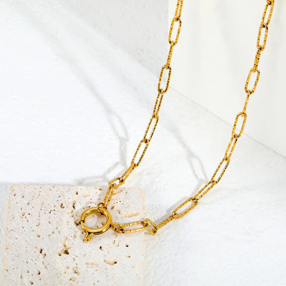 Hammered Textured Paperclip Chain Spring Ring Clasp Necklace | 18K Gold Plated Stainless Steel | Wholesale MOQ 12