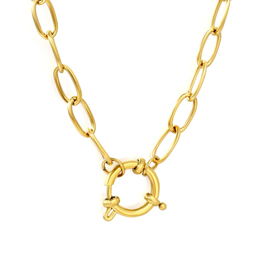 Smooth Paperclip Chain Spring Ring Front Clasp Necklace| 18K Gold Plated Stainless Steel  | Wholesale MOQ 12
