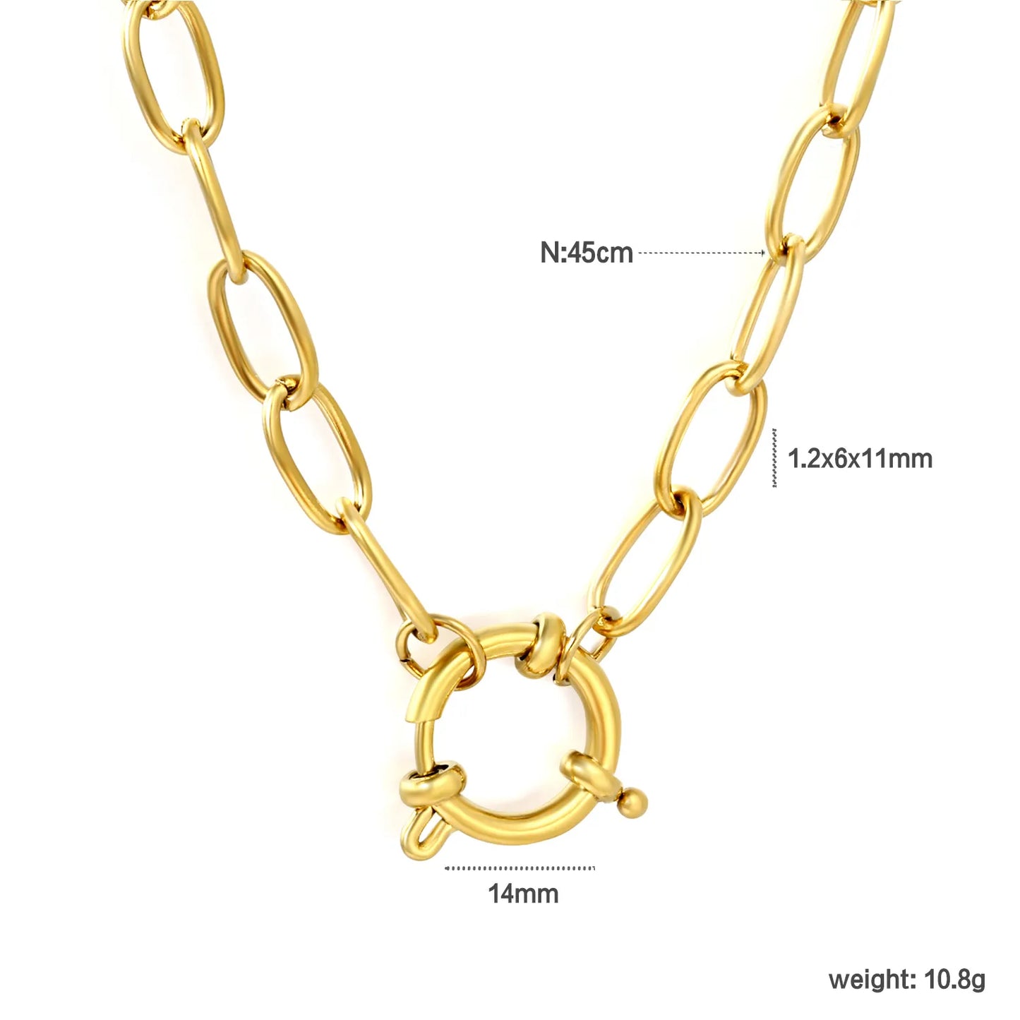 Smooth Paperclip Chain Spring Ring Front Clasp Necklace| 18K Gold Plated Stainless Steel  | Wholesale MOQ 12