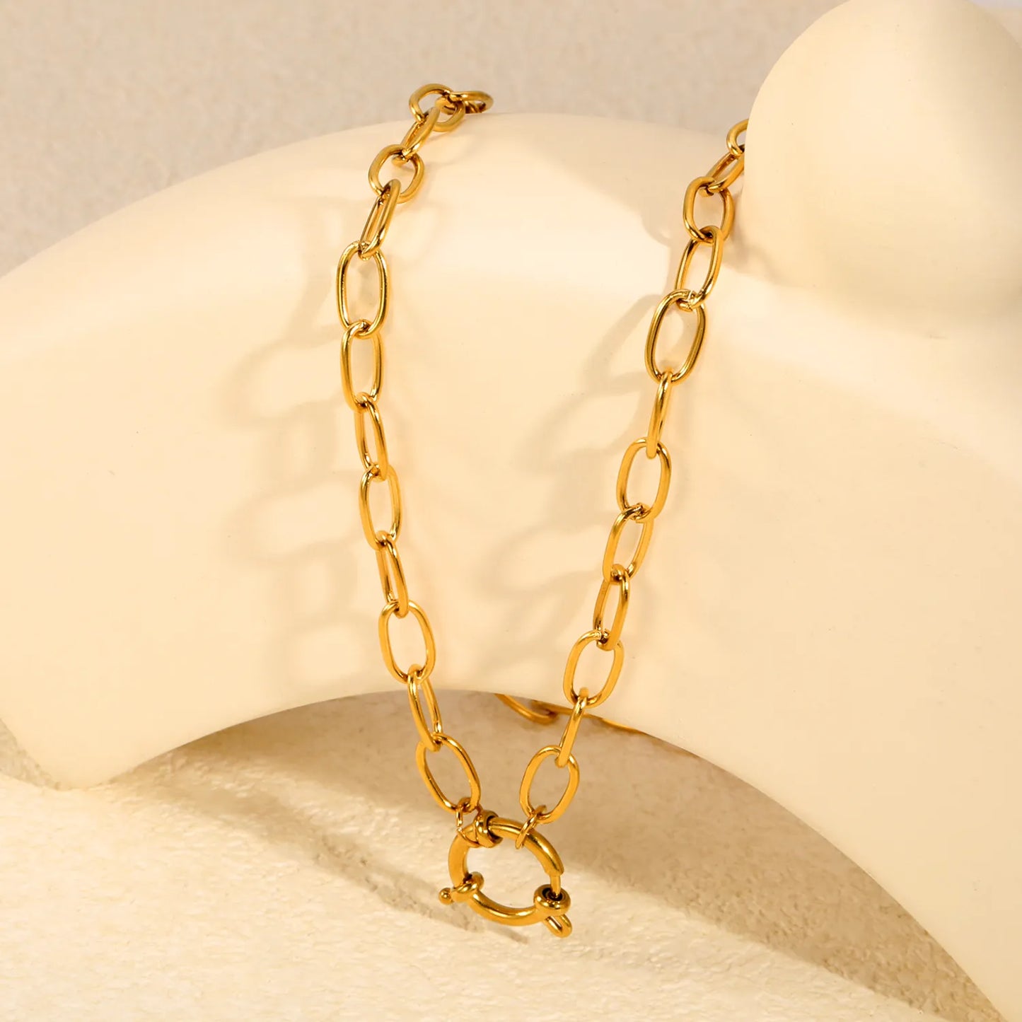 Smooth Paperclip Chain Spring Ring Front Clasp Necklace| 18K Gold Plated Stainless Steel  | Wholesale MOQ 12
